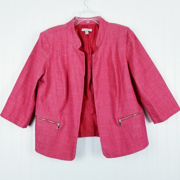 Roz & Ali 1X Plus Size Neon Pink Boxy Open Front Blazer 3/4 Sleeve Jacket Lined - Picture 6 of 10